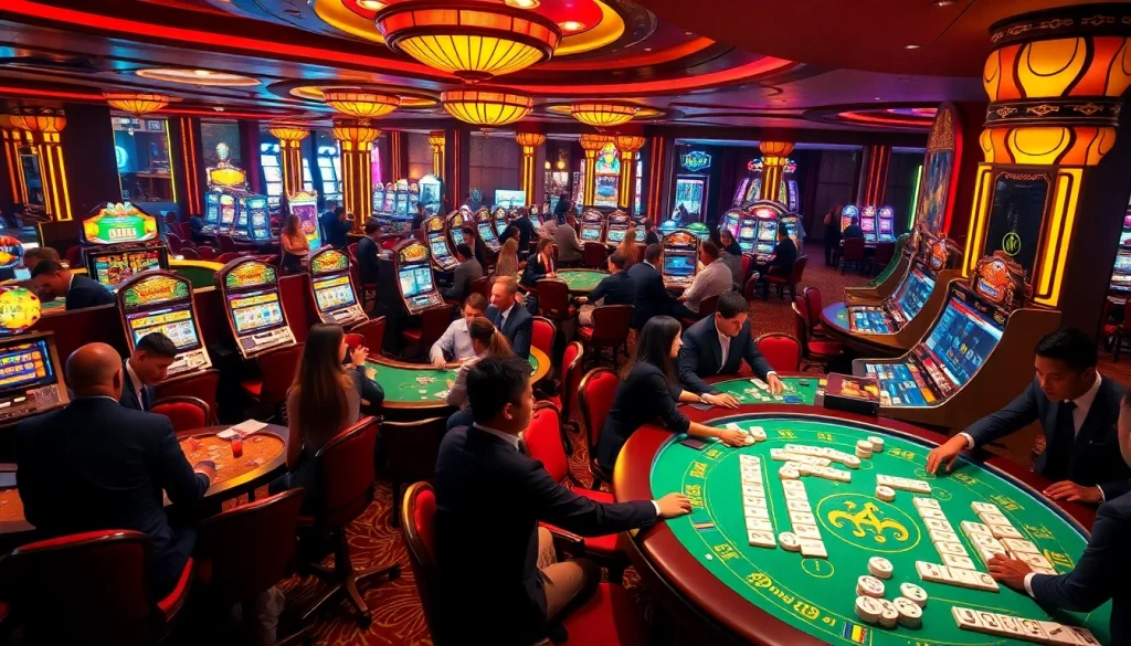 Experience the excitement of Mahjong Ways 2 as players engage at vibrant casino tables, filled with bright slot machines and lively action.