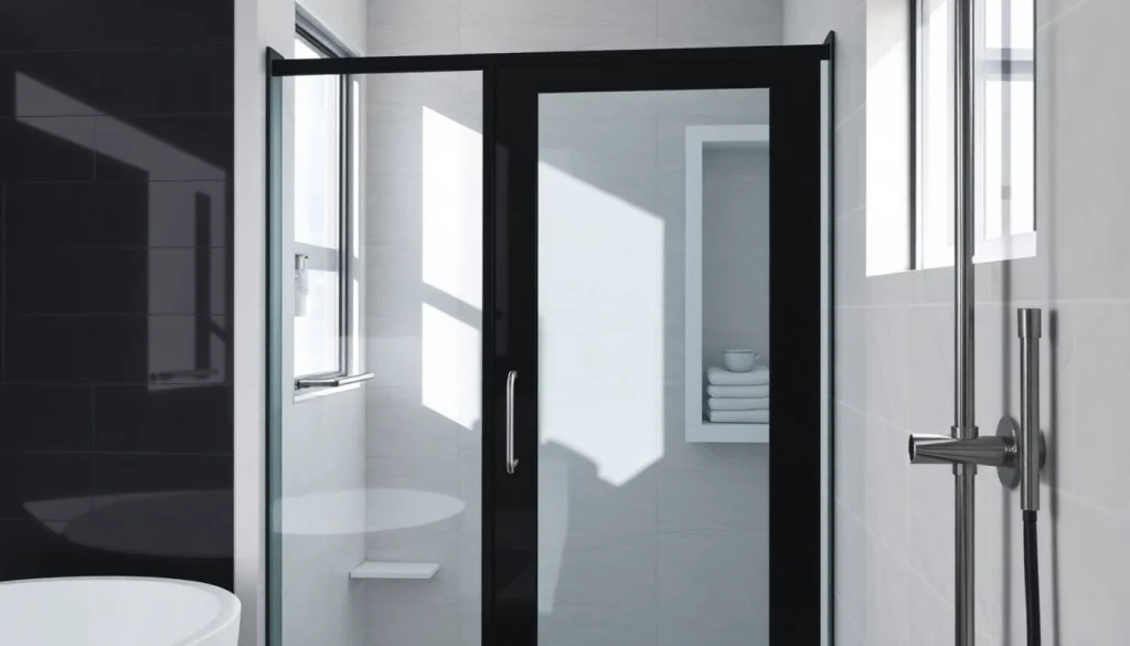 Showcasing a black shower sliding door in a sleek bathroom setting with modern design features.
