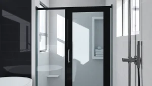 Showcasing a black shower sliding door in a sleek bathroom setting with modern design features.