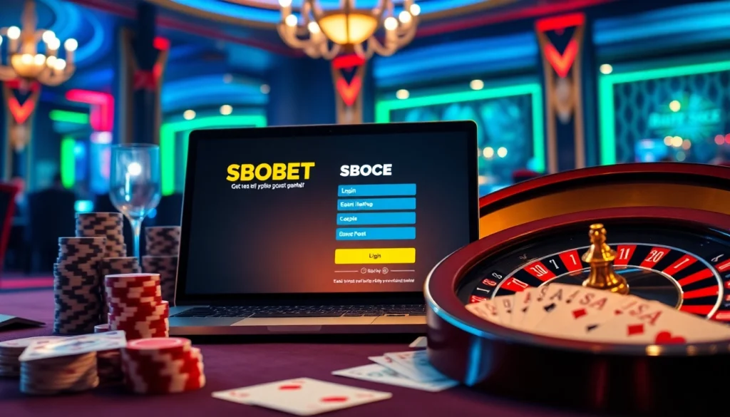 View of an exciting SBOBET login terbaru interface amidst classic casino elements like roulette and poker chips.