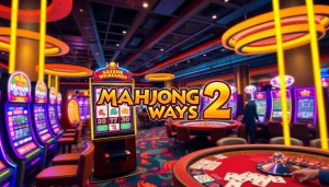 Experience the thrill of Mahjong Ways 2 slot machine with vibrant reels in a casino setting.