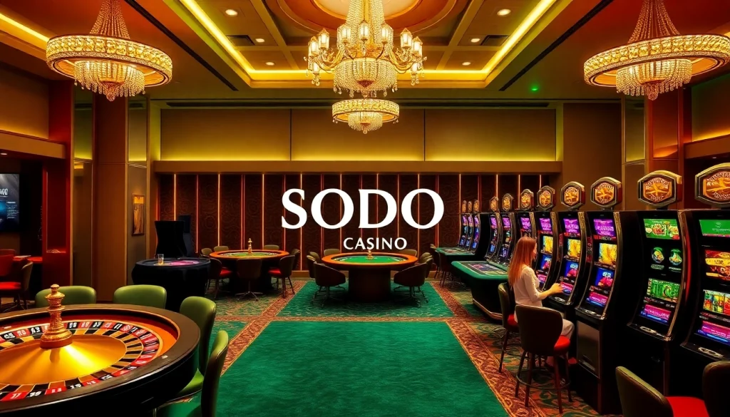 SODO CASINO features an elegant gaming scene with players at roulette and poker tables, immersed in excitement.