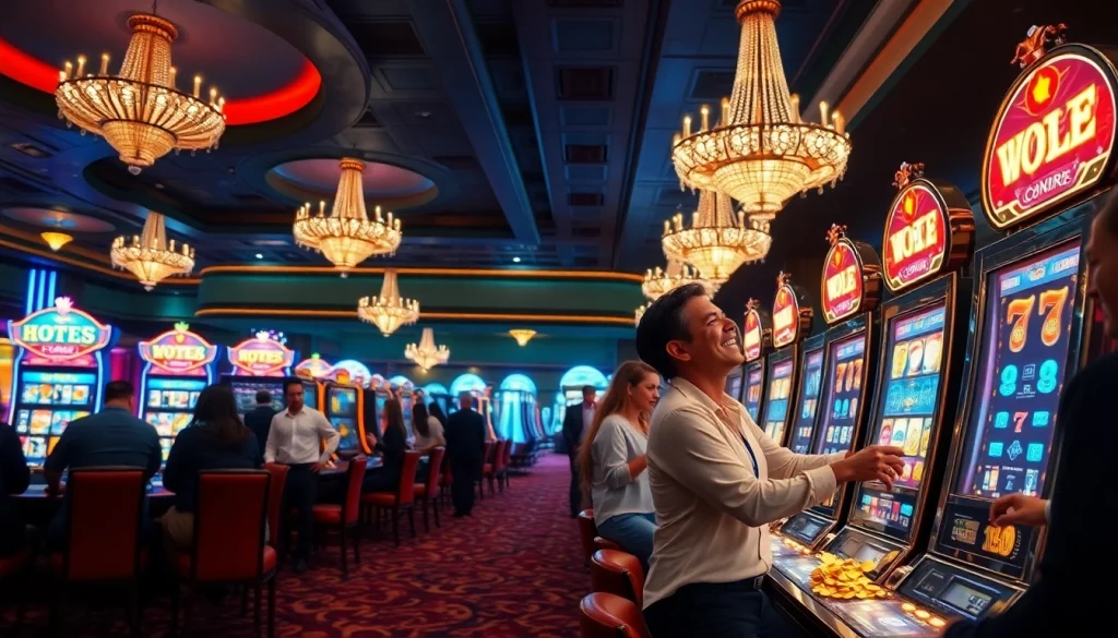 Penjudi yang gembira merayakan kemenangan di mesin slot Depo 5k di kasino mewah.