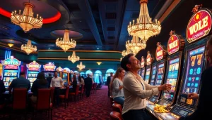 Penjudi yang gembira merayakan kemenangan di mesin slot Depo 5k di kasino mewah.