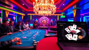 Experience high-stakes excitement with רמי אונליין in a luxurious casino setting with vibrant games.