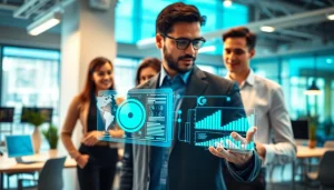 AI Employee assisting colleagues with data in a modern office setting, highlighting collaboration.