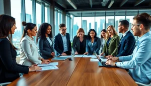 Collaborative strategy session of fractional CMO services in a modern office atmosphere with diverse professionals.