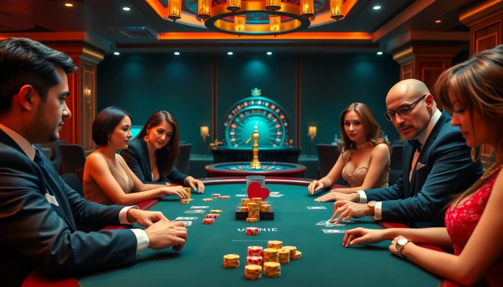 MM88 poker players enjoying a thrilling game with vibrant chips and cards in a luxurious setting.