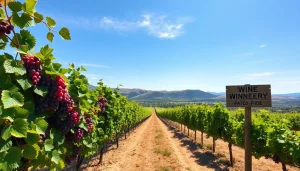 Enjoy the vineyards and scenic beauty of Carksburg CA with lush grapevines under blue sky.