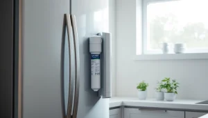 AQUA CREST LT1000PC ADQ747935 Refrigerator Water Filter and Air Filter showcased in a modern kitchen, emphasizing freshness and purity.