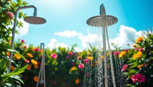 Experience the refreshing sunny shower with modern fixtures surrounded by lush greenery.