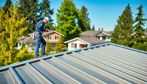 Installers working on metal roofing vancouver, showcasing craftsmanship and urban surroundings.