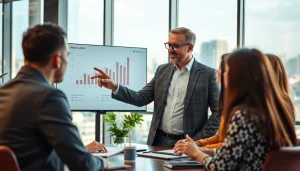 Showcasing founder leadership insights, a leader engages with the team in a vibrant office setting.