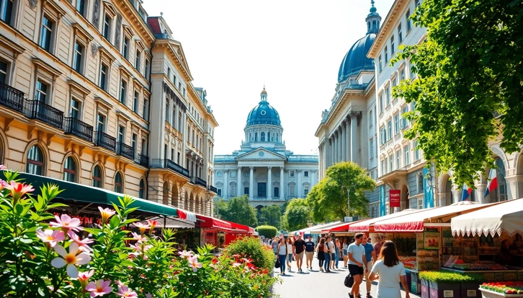 Wiener Stadtansicht mit historischen Gebäuden und lebhaftem Marktleben.