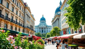 Wiener Stadtansicht mit historischen Gebäuden und lebhaftem Marktleben.