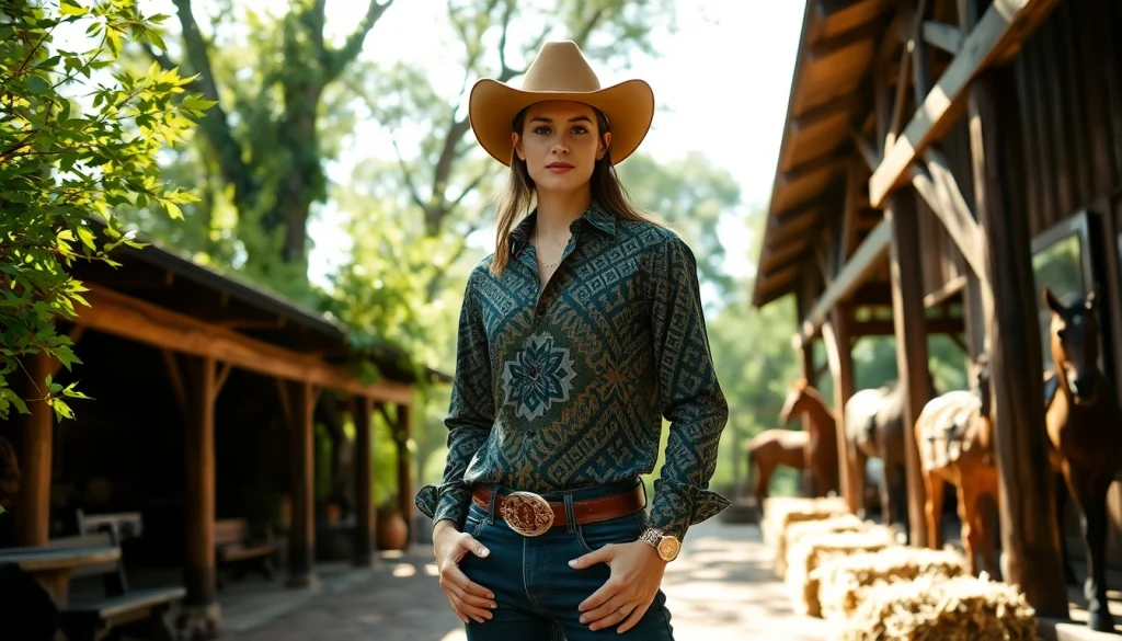 Model showcasing Aztec Print Western Wear in a rustic outdoor setting