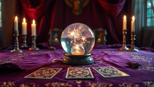 電話占い 当たるの神秘と信頼を表現する光るクリスタルボールとタロットカードを使った占いセッティング。