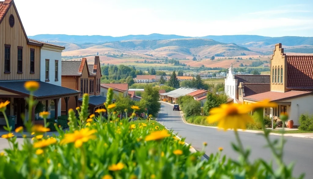 Vibrant scene of Clarksburg California featuring charming buildings and lush vineyards.