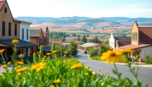 Vibrant scene of Clarksburg California featuring charming buildings and lush vineyards.
