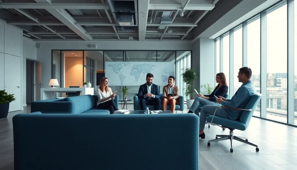 Press release agency team collaborating in a modern office setting.