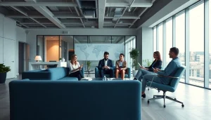 Press release agency team collaborating in a modern office setting.