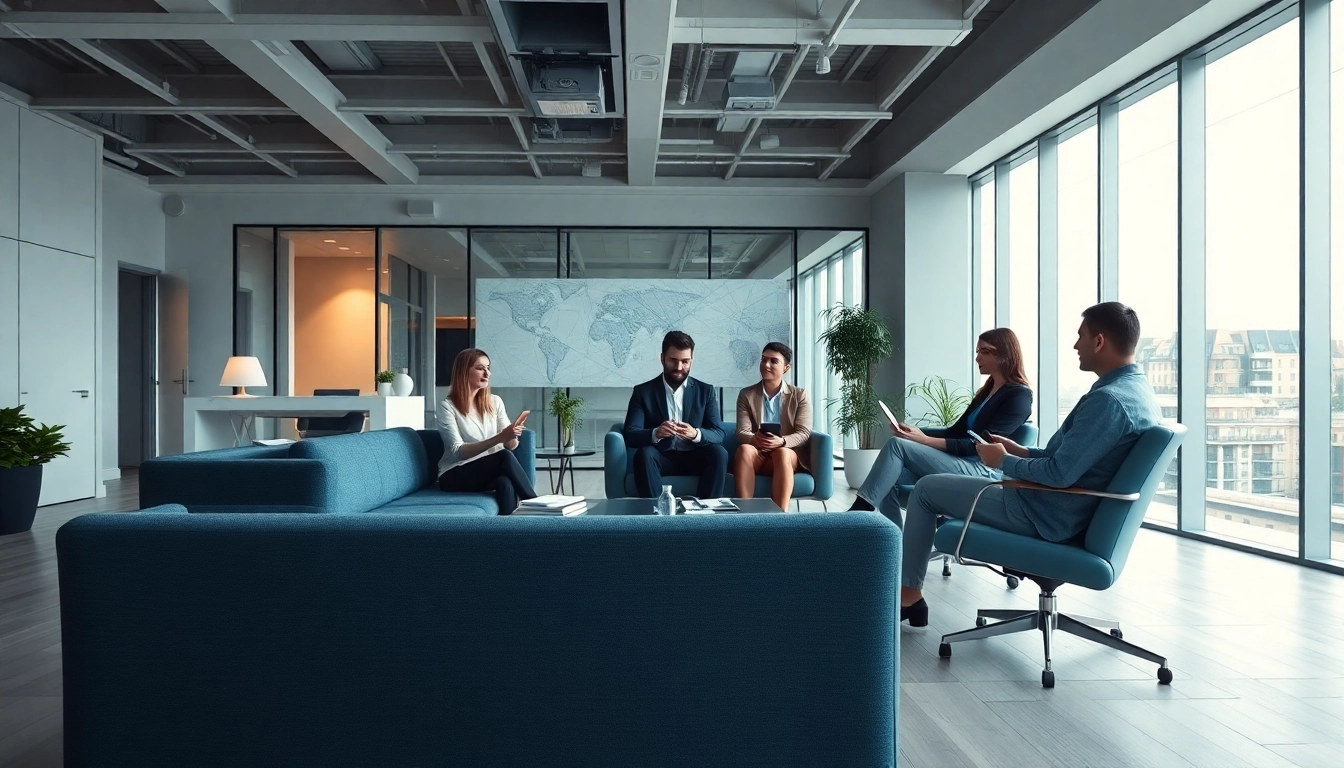 Press release agency team collaborating in a modern office setting.