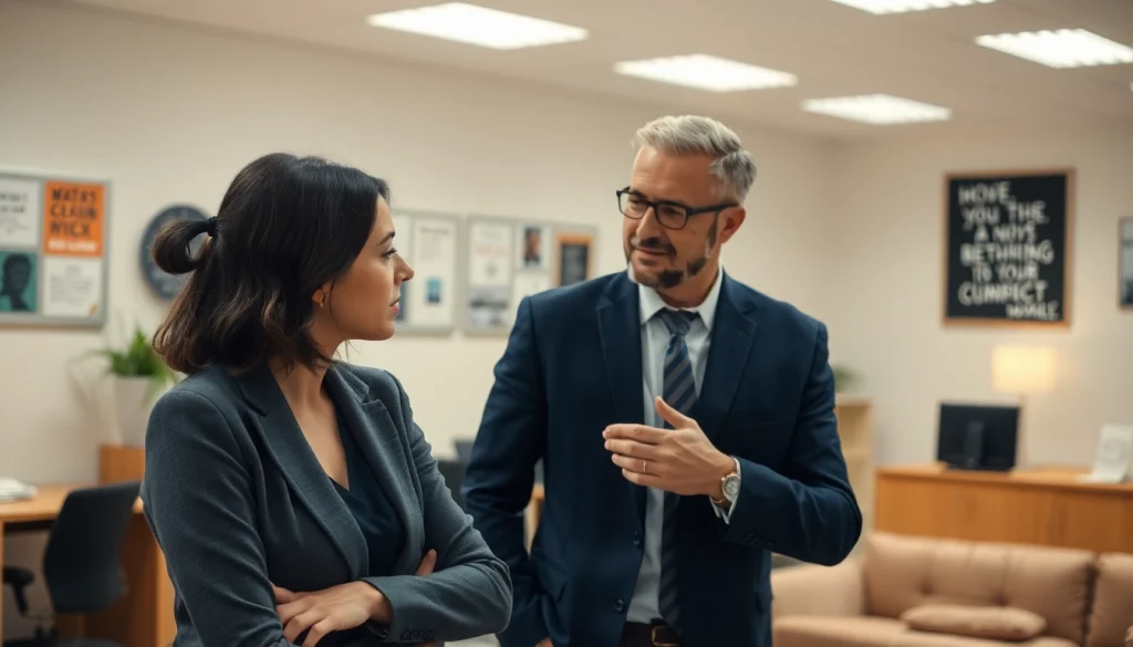 Mobbing am Arbeitsplatz zeigt einen Mitarbeiter im Konflikt mit Unterstützung des Managers.
