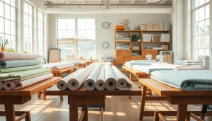 Katoenen canvasstof op een creatief werkblad met kleurrijke materialen en accessoires.