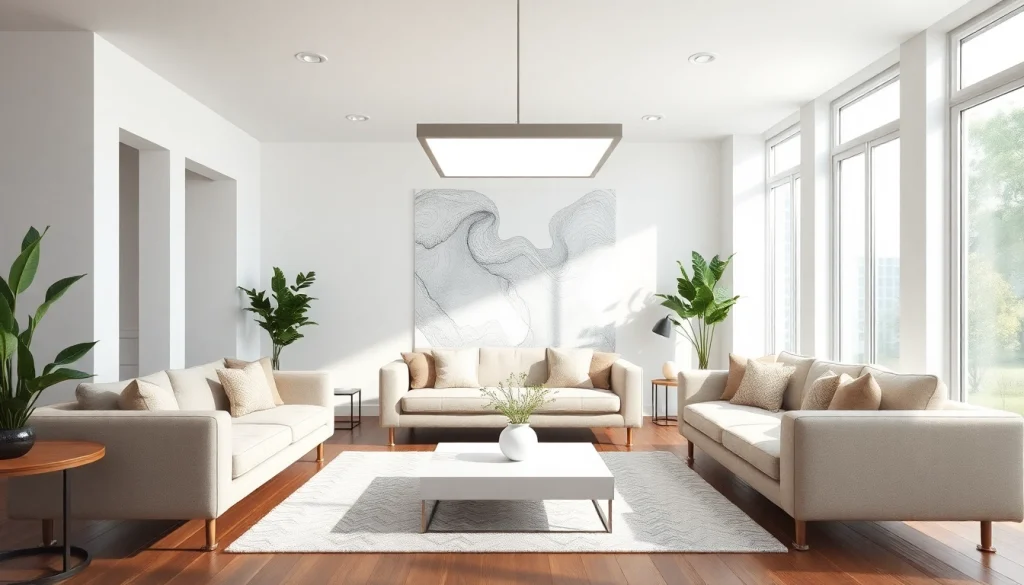 Stylish square light fixture illuminating a modern living room with natural light.
