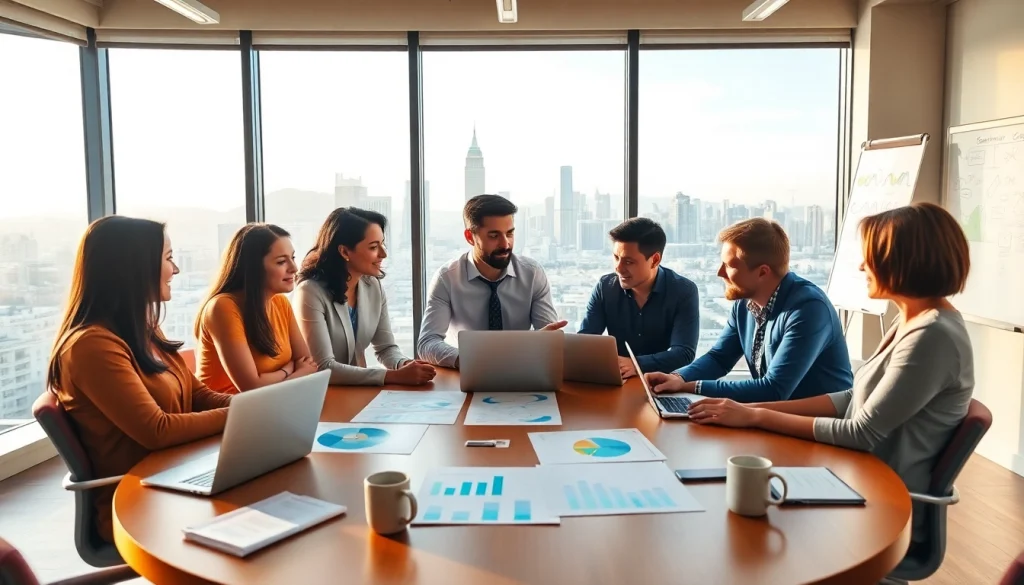 Engaged business coach San Francisco leading a collaborative session with clients in a dynamic office.