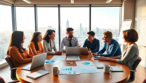 Engaged business coach San Francisco leading a collaborative session with clients in a dynamic office.