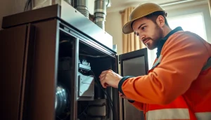 Technician conducting furnace maintenance services, ensuring optimal performance in a warm home.
