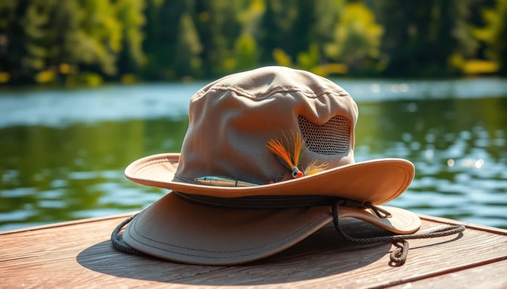 Wear a stylish fly fishing hat while enjoying fishing on a serene dock amidst nature's beauty.