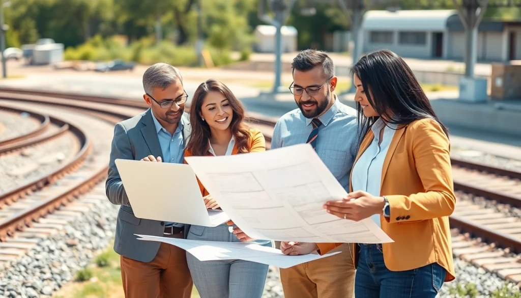 Engaged Railroad Design Consultants collaborating on blueprints in a natural setting.