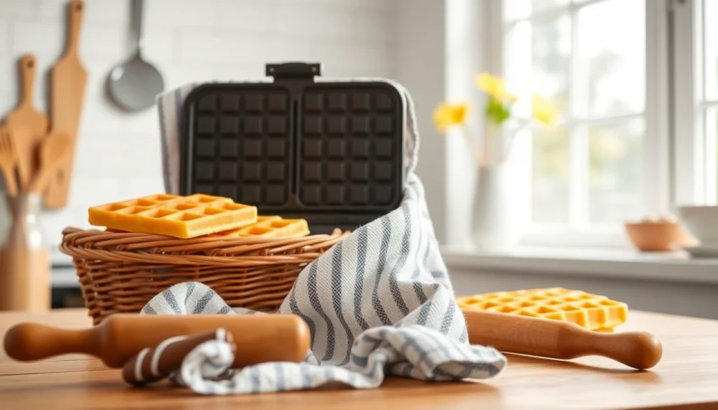 Wafeldoek met keukengerei en versgebakken wafels in een heldere keuken.