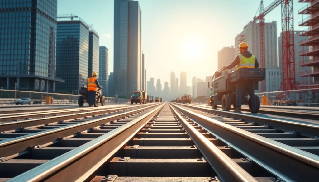 Workers efficiently installing a universal rail system in a vibrant urban construction setting.