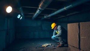 Crawl Space Restoration overview showing professionals repairing a damp basement area.