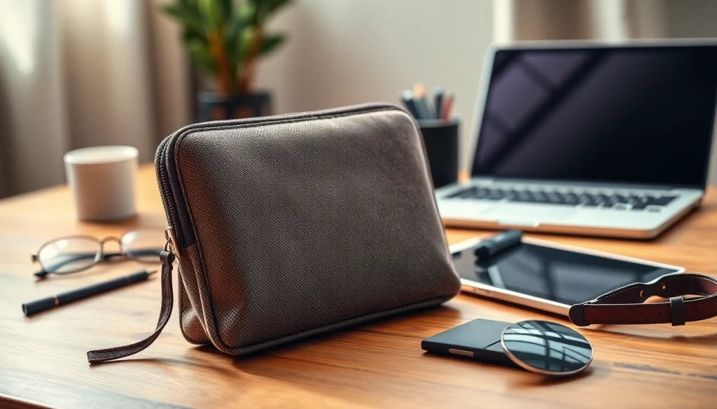 Abschließbare Handytasche elegant präsentiert auf einem Schreibtisch mit stilvollen Accessoires.