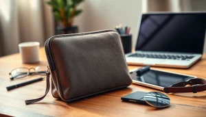 Abschließbare Handytasche elegant präsentiert auf einem Schreibtisch mit stilvollen Accessoires.