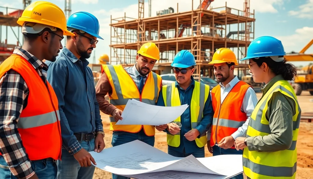 Construction workforce development thrives as diverse workers collaborate at a bustling Texas job site.