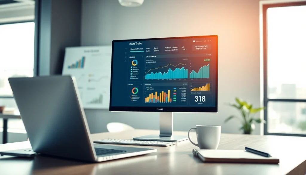 Visual representation of an SEO Rank Tracker dashboard in a professional workspace, showcasing analytics.
