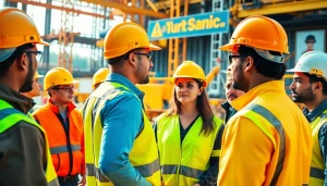 Engaging scene of construction safety training with workers collaborating on site.