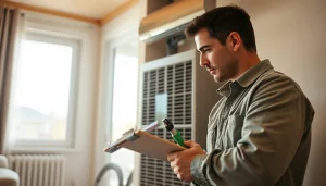 HVAC technician assessing financing for heating solutions in a residential setting.