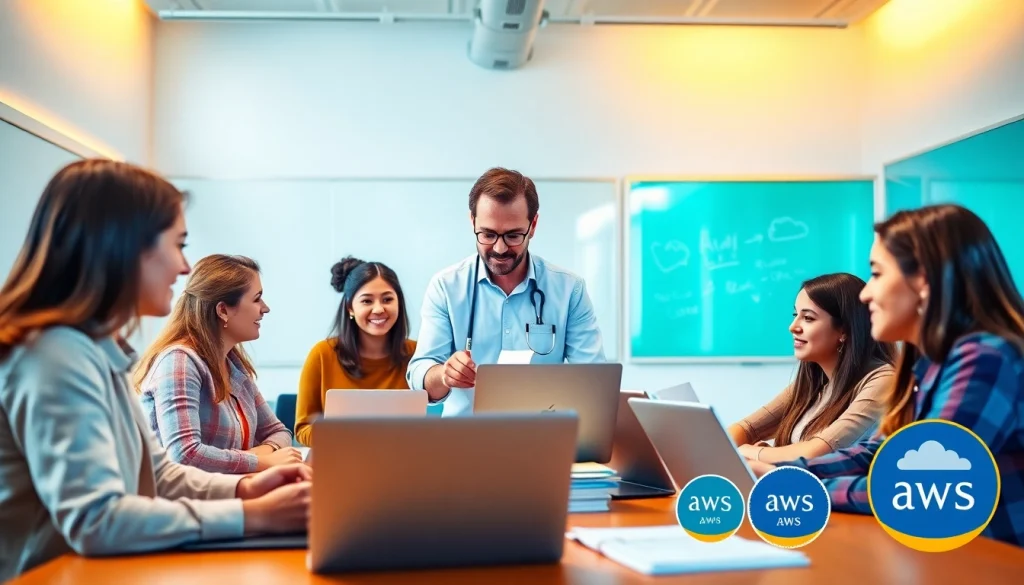 Engaged students receiving AWS exam help in a bright classroom setting.