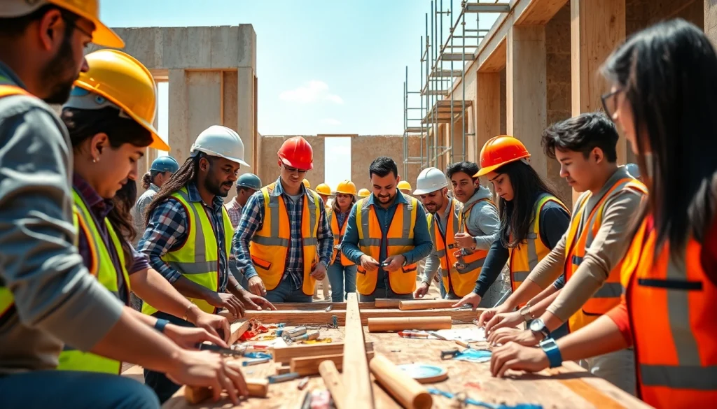 Engaged participants in construction craft training building skills and collaboration.