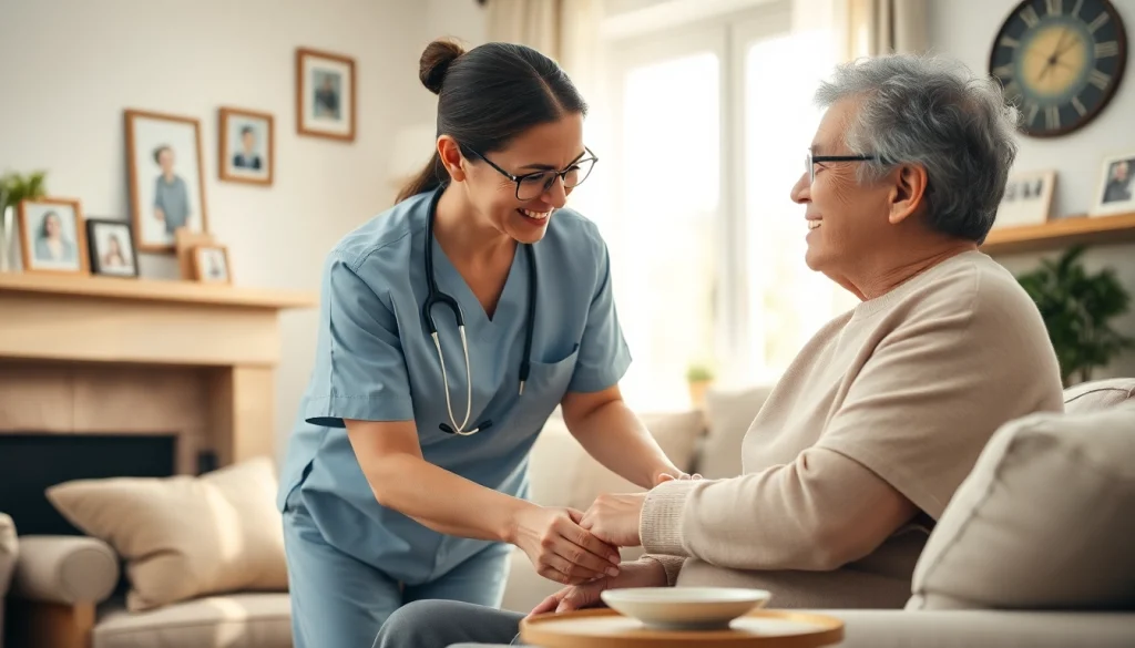 Caregiver providing at home senior care in a cozy living room, emphasizing warmth and compassion.