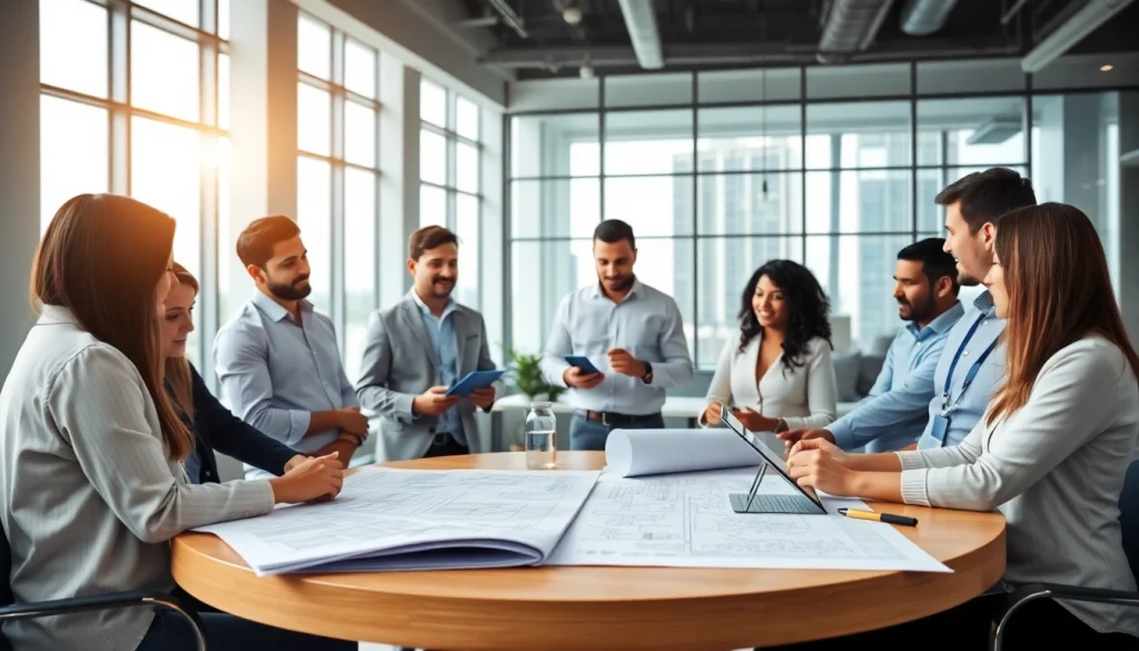 Engaged team discussing strategies in a construction network association setting.