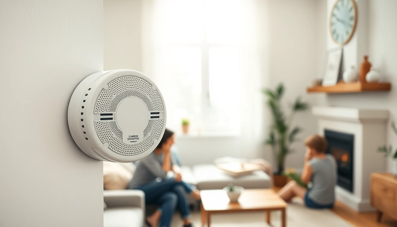 Check a carbon monoxide detector beeping signaling alerts in a family living room setting