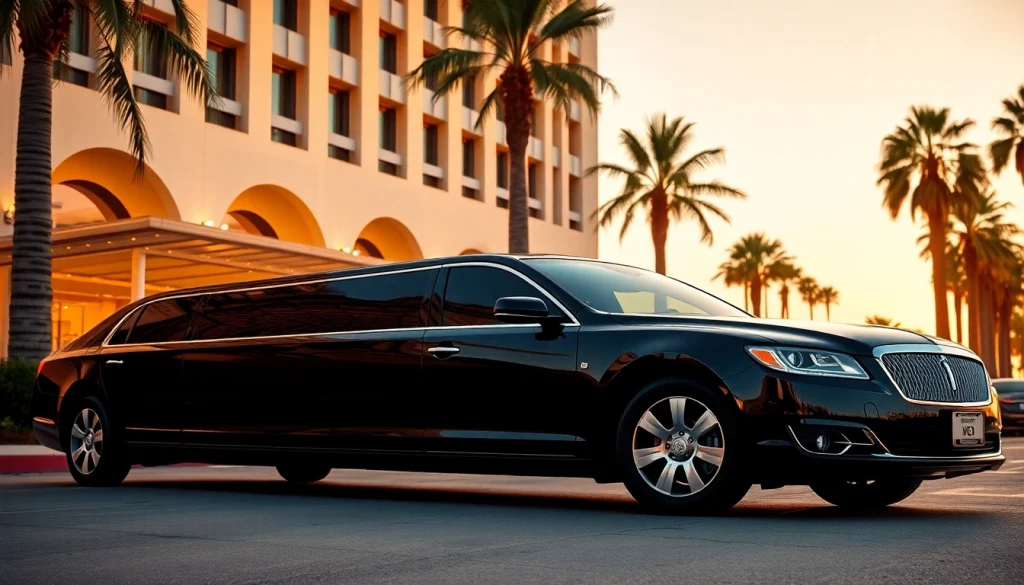 Luxurious Los Angeles Limo parked in front of a high-end hotel, showcasing premium service.