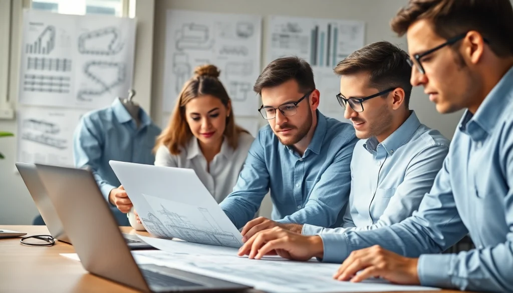 Engaging collaboration among railroad design consultants analyzing blueprints in a professional setting.